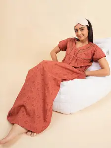 Sweet Dreams Rust Printed Pure Cotton Maxi Nightdress