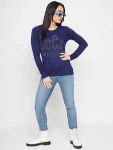 Camey Typography Printed Round Neck Long Sleeves Embellished Wool Pullover Sweater