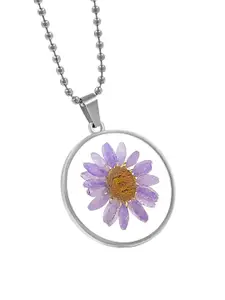 Saizen Silver-Plated Stainless Steel Dry Sunflower Glass Pendant with Chain