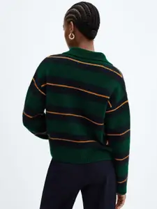 MANGO Notched Polo Collar Striped Pullover