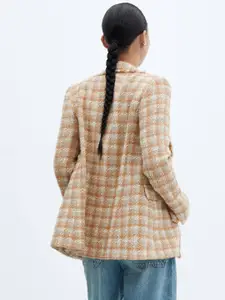 MANGO Checked Pattern Notched Lapel Collar Single-Breasted Tweed Smart Casual Blazer