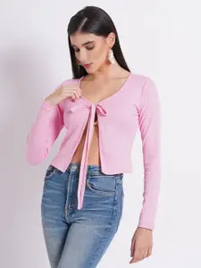 SIGHTBOMB Ribbed Tie-Up Neck Cotton Crop Top