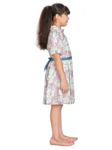 Peppermint Floral Printed Mock Neck Puff Sleeve Cotton Fit & Flare Dress