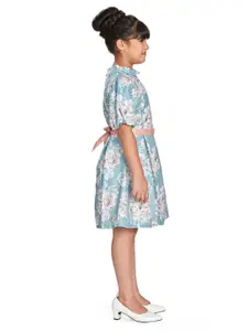 Peppermint Girls Floral Printed Puff Sleeves Fit & Flare Dress With Belt