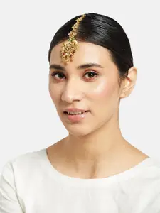 ATIBELLE Gold-Plated Stone-Studded Necklace & Earrings With Maang Tika