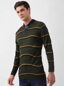 Peter England Casuals Striped V-Neck Long Sleeves Acrylic Pullover