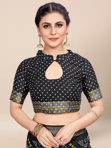 Saree mall Black Green Bandhani Printed Zari Poly Cotton Sarees