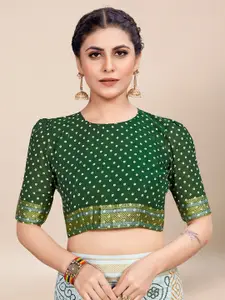 Saree mall White Green Bandhani Printed Zari Poly Cotton Sarees