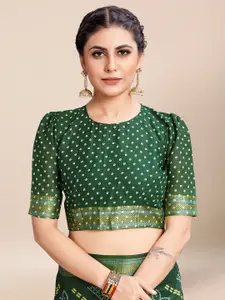 Saree mall Green Yellow Bandhani Printed Zari Poly Cotton Bandhani Sarees