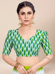 Saree mall White Green Ethnic Motifs Printed Poly Cotton Ikat Sarees