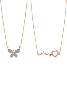 Krelin Set Of 2 Gold Plated Stone Studded Heartbeat & Butterfly Pendant With Chain