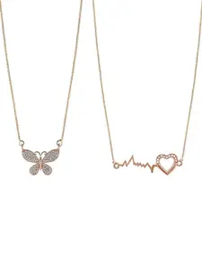 VAGHBHATT Set Of 2 Gold-Plated Heartbeat & Butterfly Pendant With Chain