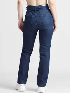 ONLY Women Straight Fit High-Rise Mildly Distressed Light Fade Stretchable Jeans With Belt