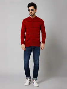 Cantabil Striped Mock Collar Acrylic Front-Open Sweater