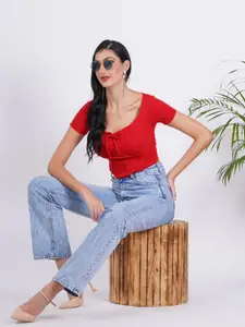 SIGHTBOMB Tie Up Neck Cotton Fitted Crop Top
