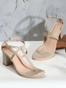 DressBerry Grey T- Strap Block Heels With Buckle Closure
