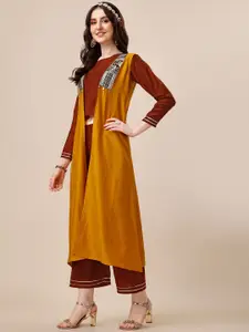 Sangria Maroon Round Neck Crop Top With Palazzo & Shrug