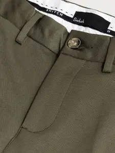 Snitch Men Olive Green Smart Slim Fit Cotton Formal Trousers