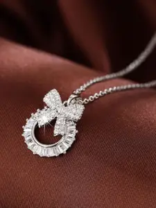 VIEN Cubic Zirconia Studded Contemporary Bow Pendant With Chain
