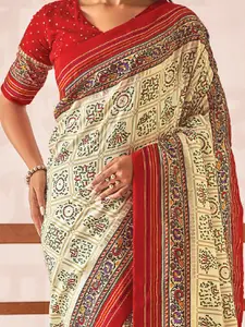 Saree mall Off White & Red Printed Bandhani Sarees