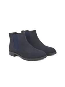 DressBerry Women Navy Blue Heeled Leather Suede Mid-Top Chelsea Boots