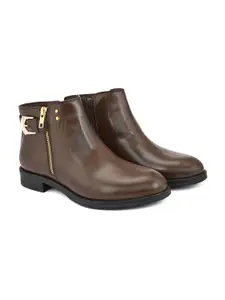 DressBerry Women Brown Heeled Buckle Detail Mid-Top Regular Boots