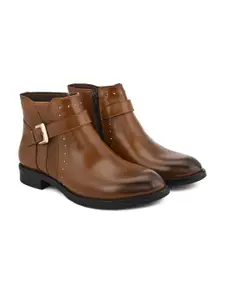 DressBerry Women Tan Brown Buckle Detail Heeled Mid-Top Regular Boots