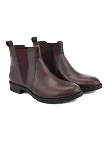 DressBerry Women Maroon Textured Heeled Mid-Top Chelsea Boots