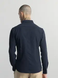 Snitch Navy Blue Classic Slim Fit Opaque Self Striped Casual Shirt
