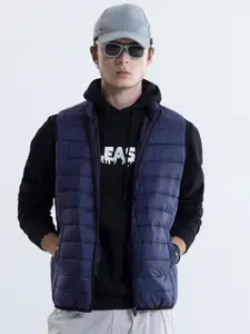 Snitch Navy Blue Mock Collar Lightweight Puffer Jacket