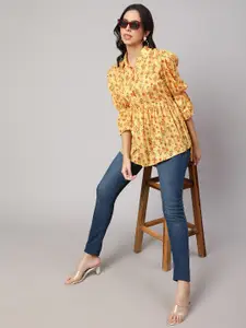 AKIMIA Floral Printed Shirt Collar Gathered Cotton Silk Kurti