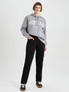 DeFacto Typography Printed Drop-Shoulder Sleeves Hooded Longline Cotton Sweatshirt