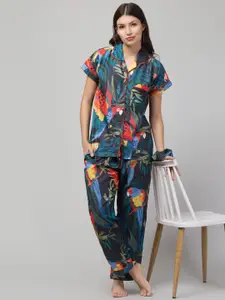 FFLIRTYGO Conversational Printed Lapel Collar Night Suit