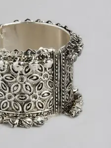 Sangria Women Silver-Plated Floral Textured Oxidised Cuff Bracelet with Attached Bells