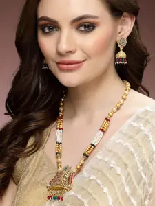 ADIVA Gold-Plated Kundan Stone-Studded & Beaded Necklace and Earrings