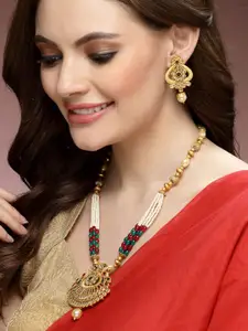 ADIVA Gold-Plated Kundan Stone Studded & Beaded Necklace & Earrings