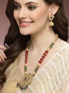 ADIVA Gold-Plated Kundan Studded & Beads Beaded Necklace With Earrings