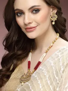 ADIVA Gold-Plated Kundan Studded & Pearls Beaded Necklace & Earrings