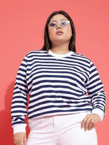 SASSAFRAS Curve Navy Blue Plus Size Striped Pullover Sweatshirt