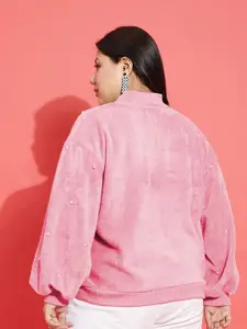 SASSAFRAS Curve Plus Size Embellished High Neck Long Sleeve Fleece Pullover Sweatshirt