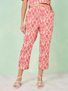 Styli Ethnic Motifs Printed Round Neck Puff Sleeves Top With Cropped Trouser
