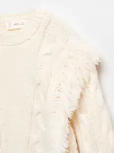 Mango Kids Girls Cable Knit Round-Neck Pullover with Fringed Detail