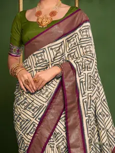 Saree mall Cream-Coloured & Purple Geometric Printed Zari Detailed Sarees