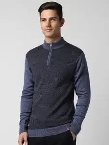 Peter England Casuals Colourblocked High Neck Long Sleeve Acrylic Pullover Sweater