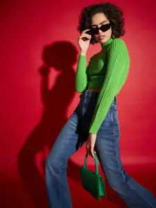 SASSAFRAS Green Ribbed High Neck Acrylic Crop Pullover Sweater