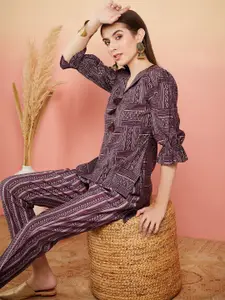 Sangria Purple Printed V-Neck Top & Trousers