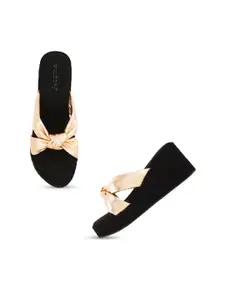 DressBerry Copper-Toned & Black Knotted Strap Open Toe Flatform Heels