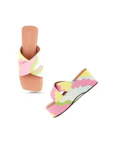 DressBerry Peach-Coloured & Yellow Printed Open Toe Flatform Heels