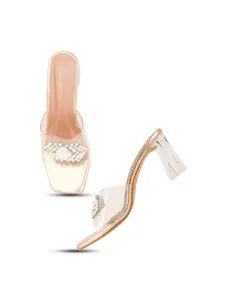 DressBerry Peach-Coloured & Transparent Embellished Open Toe Block Heels