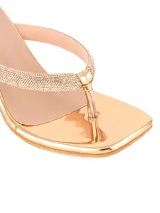 DressBerry Peach-Coloured & Gold-Toned Embellished Block Heels